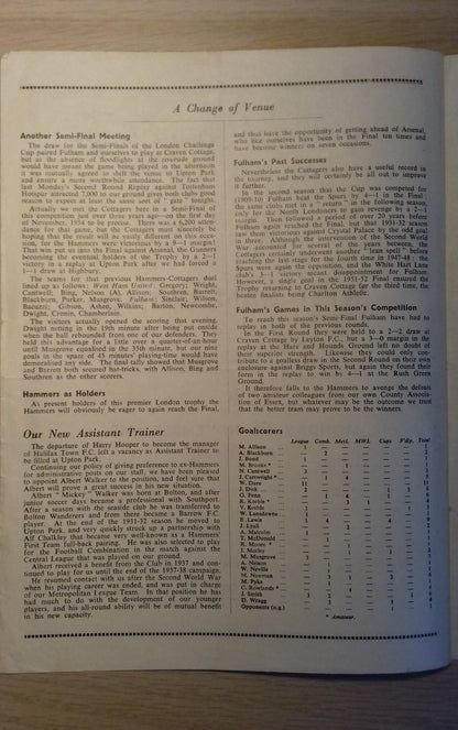 West Ham Utd v Fulham Match Programme London Challenge Cup S/Final Monday 4/11/1957 @ Upton Park
