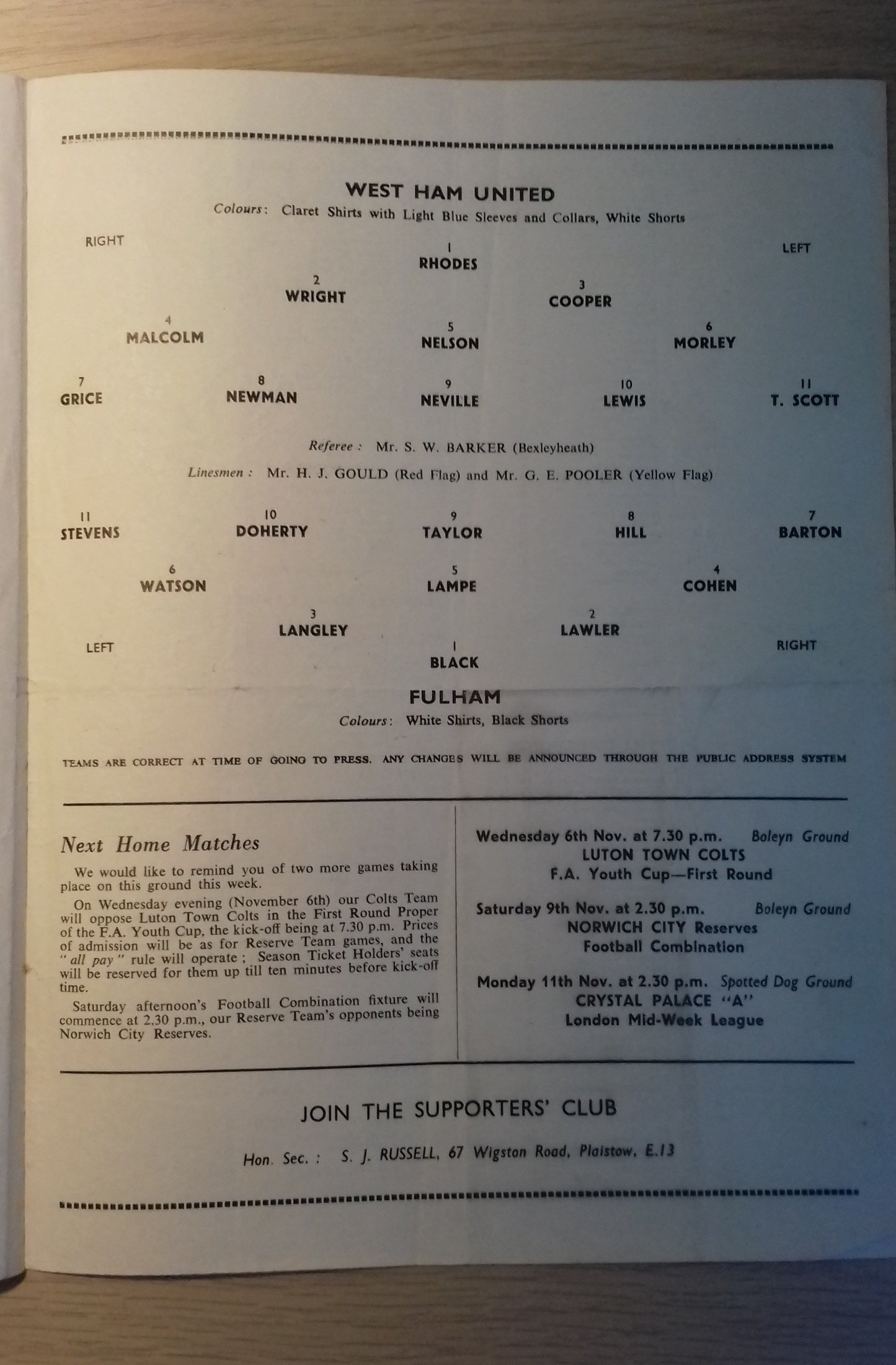 West Ham Utd v Fulham Match Programme London Challenge Cup S/Final Monday 4/11/1957 @ Upton Park