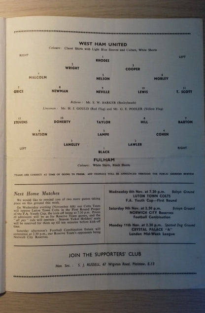 West Ham Utd v Fulham Match Programme London Challenge Cup S/Final Monday 4/11/1957 @ Upton Park