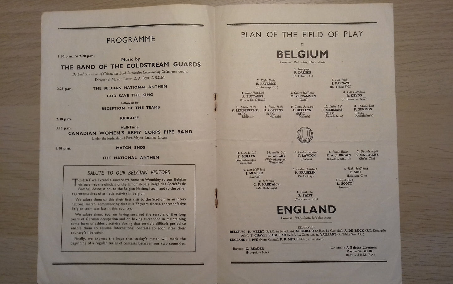 England v Belgium Match Programme Saturday 29th January 1946 Billy Wright Debut