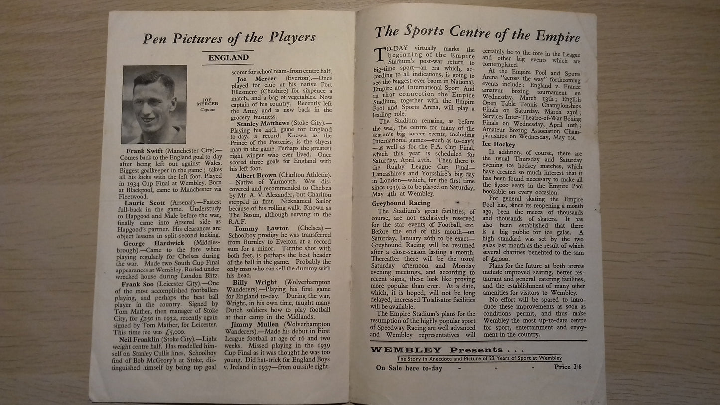 England v Belgium Match Programme Saturday 29th January 1946 Billy Wright Debut