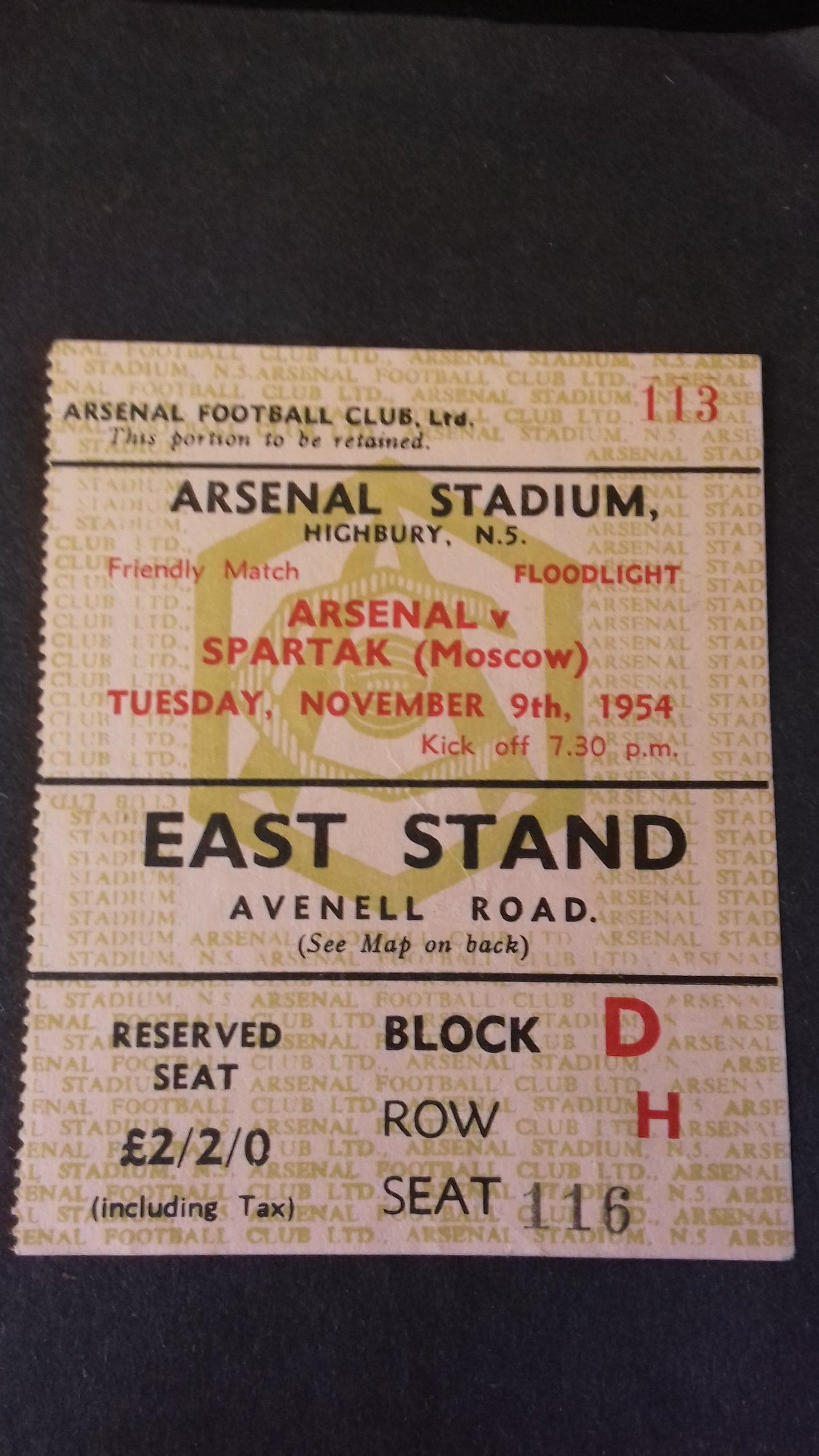 Arsenal v Spartak Moscow Used Ticket Floodlight Friendly Highbury 9/11/1954