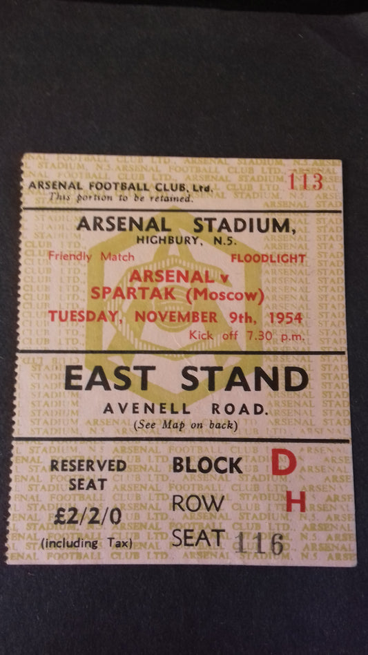 Arsenal v Spartak Moscow Used Ticket Floodlight Friendly Highbury 9/11/1954