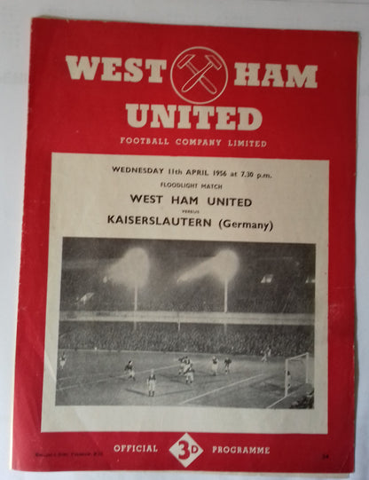 West Ham Utd v Kaiserslautern Used Programme Floodlight Friendly 11/4/1956 Upton Park