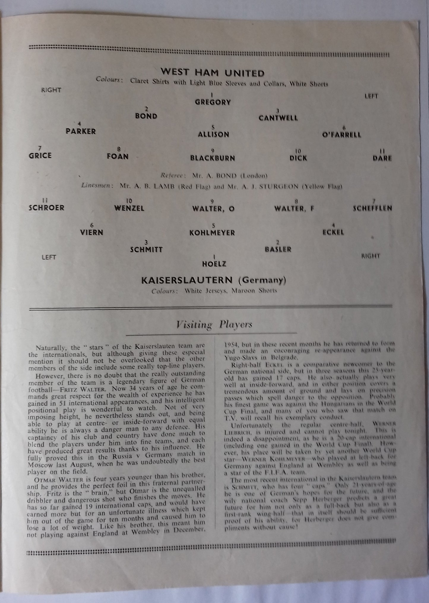 West Ham Utd v Kaiserslautern Used Programme Floodlight Friendly 11/4/1956 Upton Park