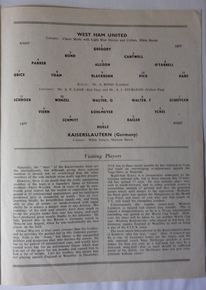 West Ham Utd v Kaiserslautern Used Programme Floodlight Friendly 11/4/1956 Upton Park