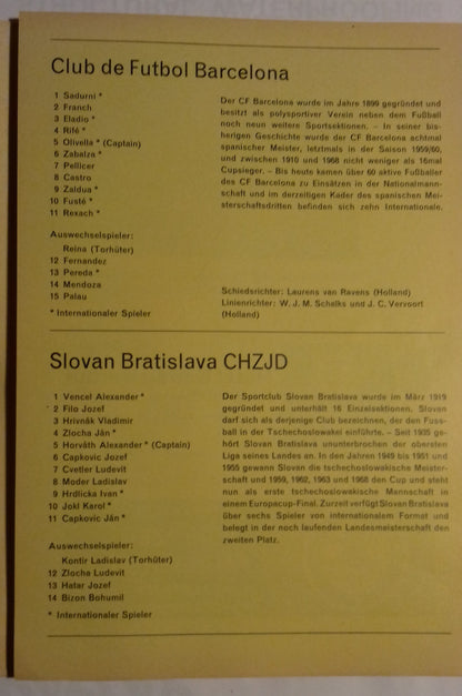 Barcelona v Slovan Bratislava European Cup Winners Cup Final Used Programme 21/5/1969