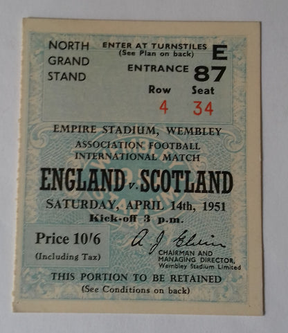 England v Scotland Used Ticket + Programme 14/4/1951 Home International Championship Wembley Stadium At Wembley