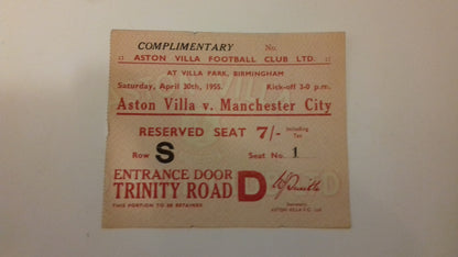 Aston Villa v Manchester City Used Ticket League Division 1 30/4/1955 Villa Park