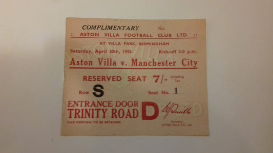 Aston Villa v Manchester City Used Ticket League Division 1 30/4/1955 Villa Park