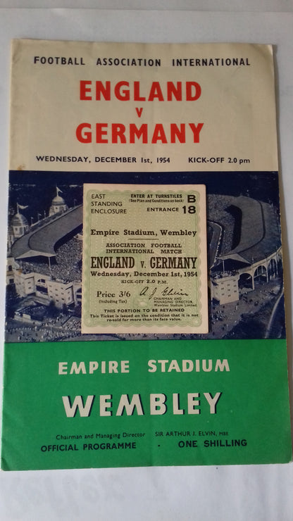 England v Germany Used Vintage Programme + Ticket 1/12/1954 Wembley Stadium