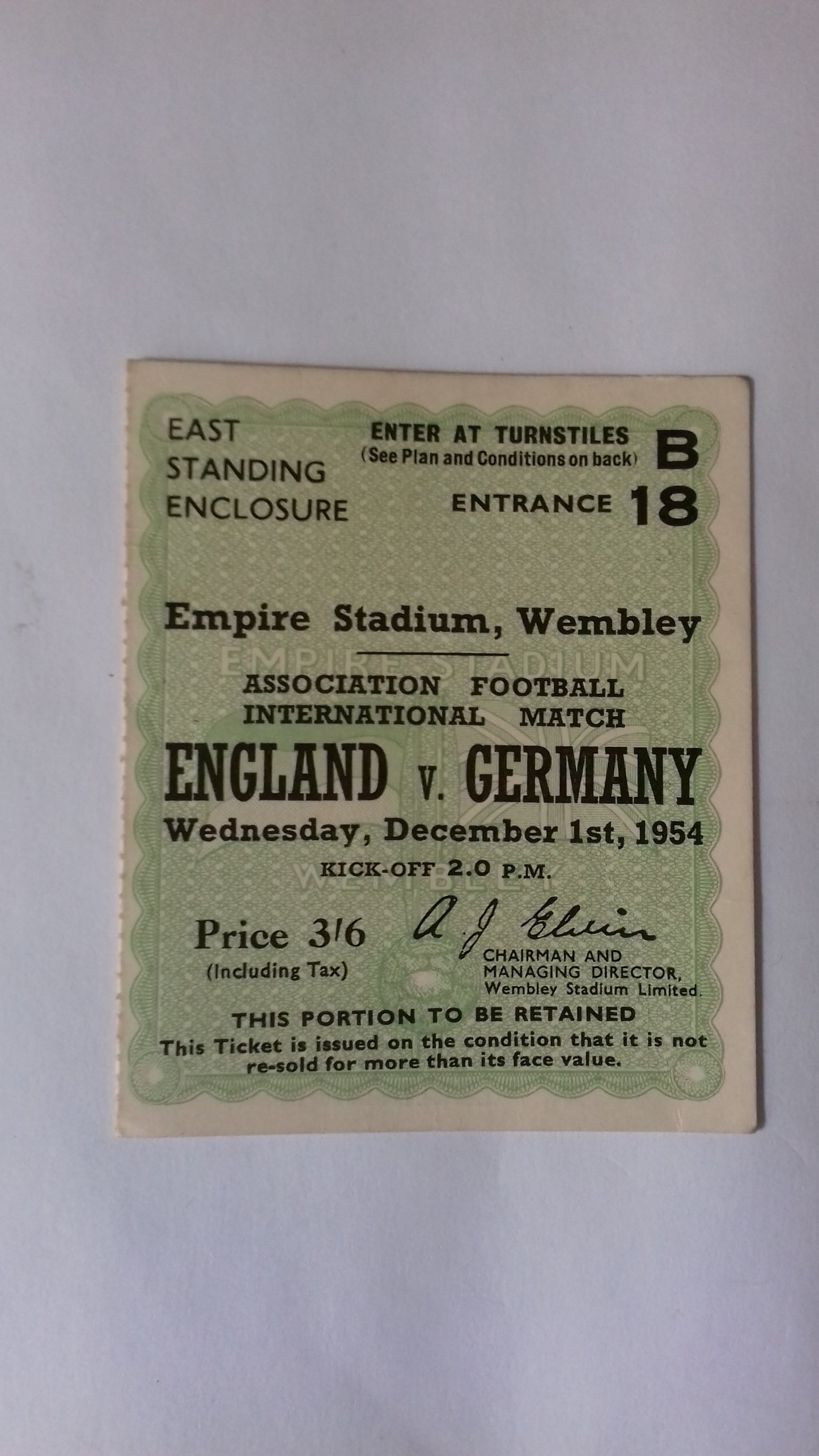 England v Germany Used Vintage Programme + Ticket 1/12/1954 Wembley Stadium