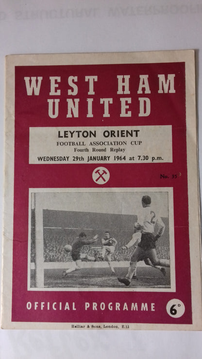 West Ham Utd V Leyton Orient Programme F.A. Cup 4th Round Replay Wednesday 29th January 1964 @ Upton Park.