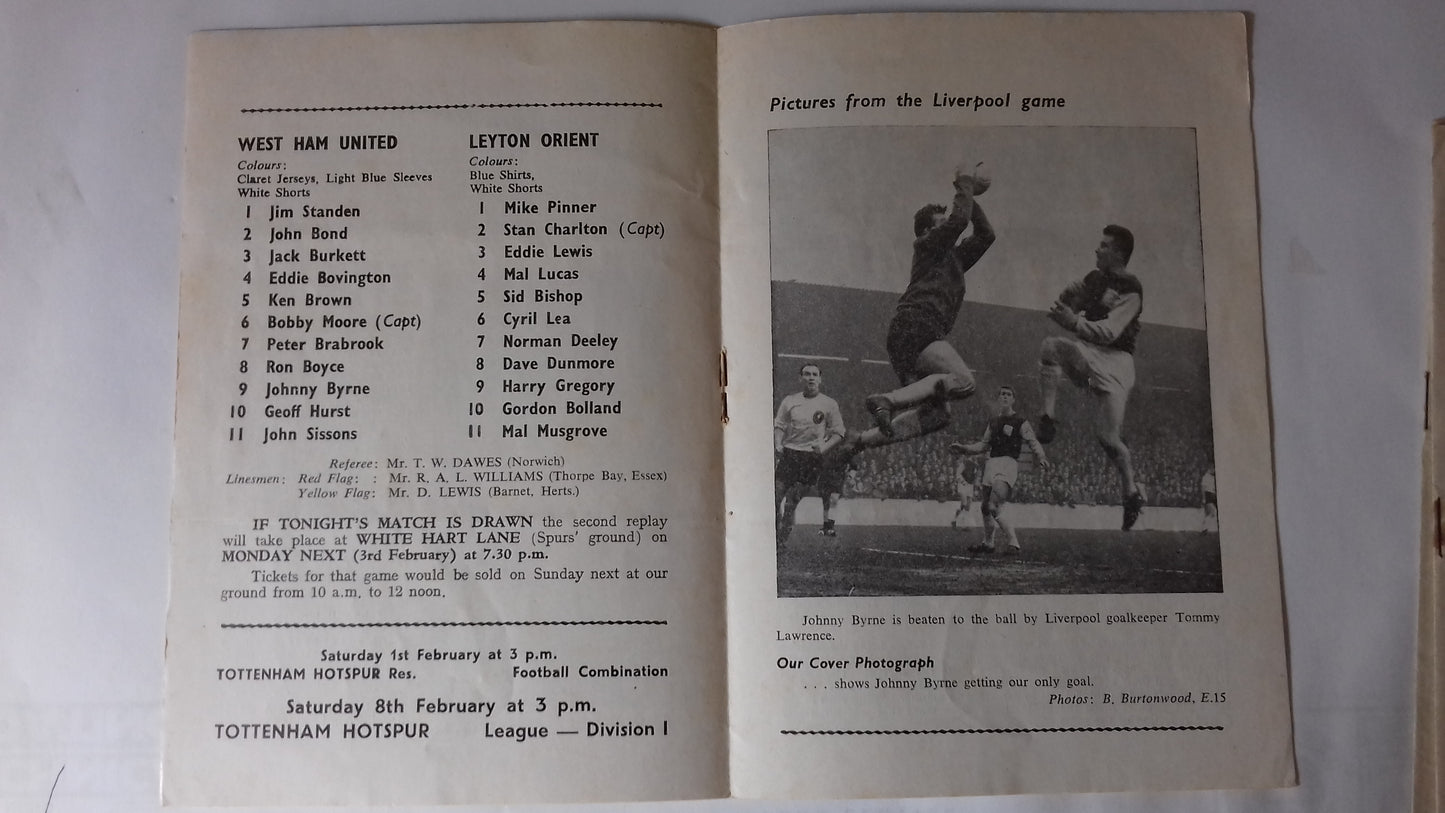 West Ham Utd V Leyton Orient Programme F.A. Cup 4th Round Replay Wednesday 29th January 1964 @ Upton Park.