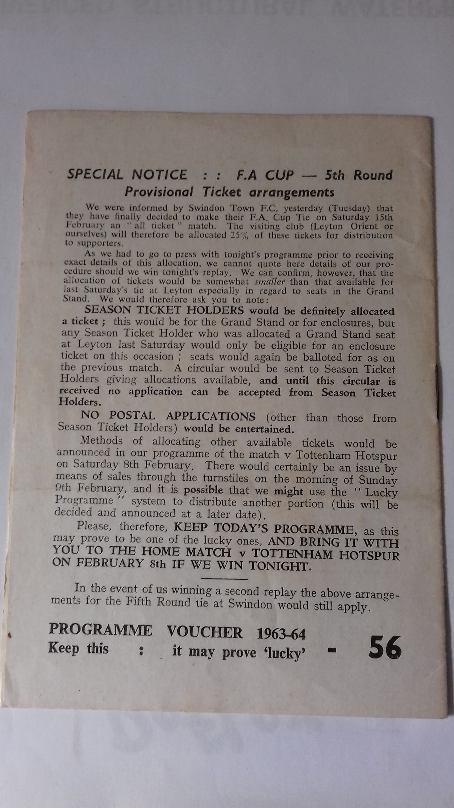 West Ham Utd V Leyton Orient Programme F.A. Cup 4th Round Replay Wednesday 29th January 1964 @ Upton Park.