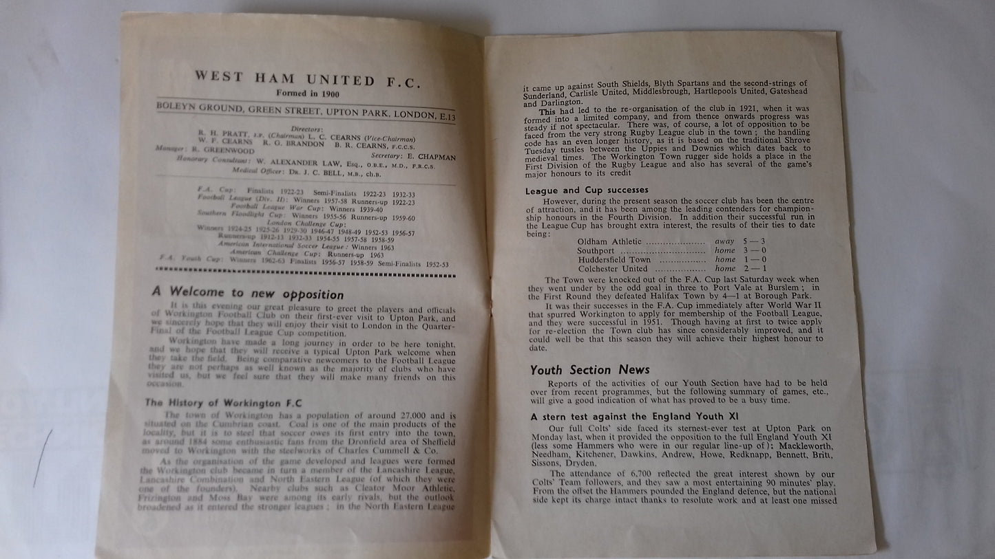 West Ham Uts v Workington Football League Cup 5th Round Monday 16th December 1963 @ Upton Park