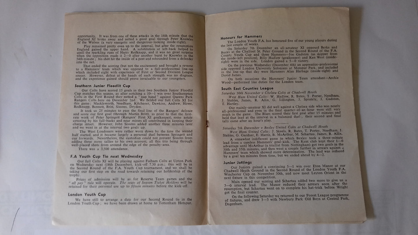 West Ham Uts v Workington Football League Cup 5th Round Monday 16th December 1963 @ Upton Park