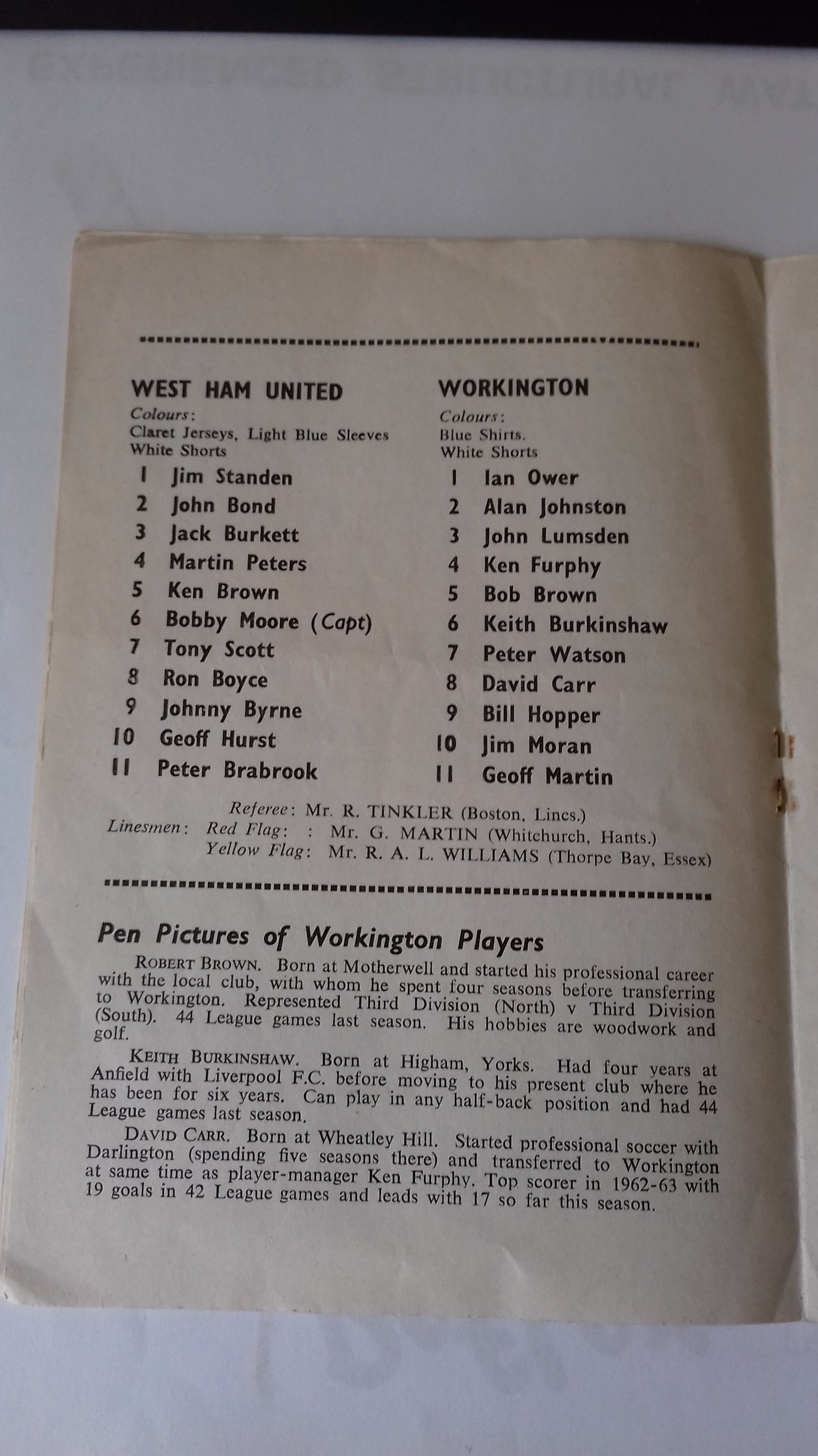 West Ham Uts v Workington Football League Cup 5th Round Monday 16th December 1963 @ Upton Park