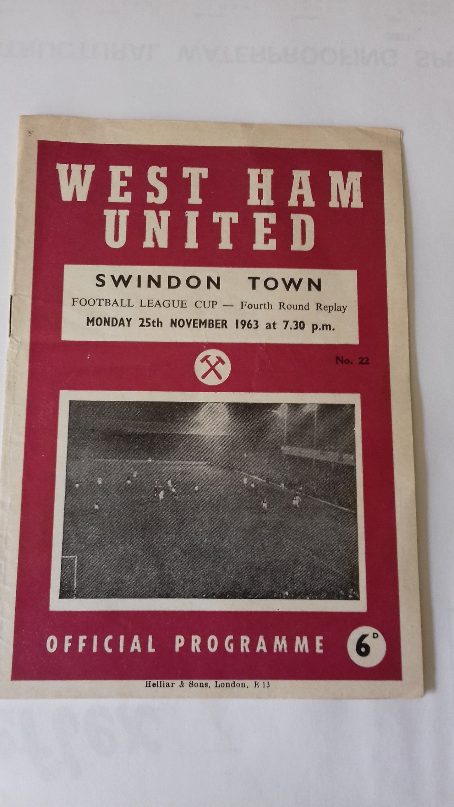 West Ham Utd v Swindon Town Programme Football League Cup 4th Round Replay Monday 25th November 1963 @ Upton Park.