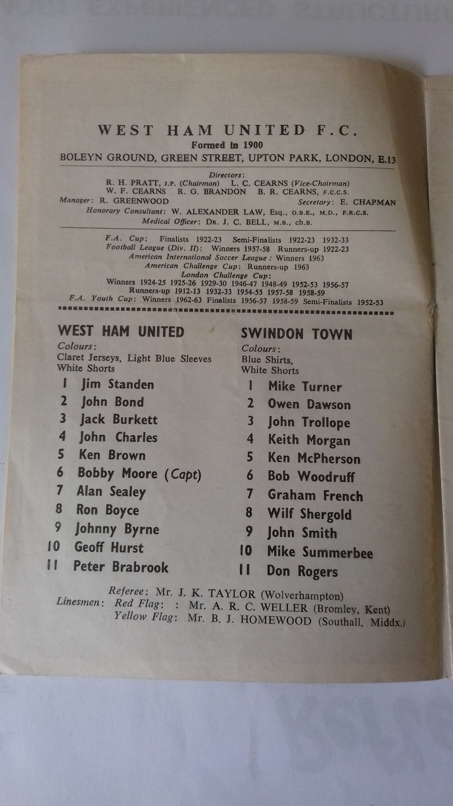 West Ham Utd v Swindon Town Programme Football League Cup 4th Round Replay Monday 25th November 1963 @ Upton Park.