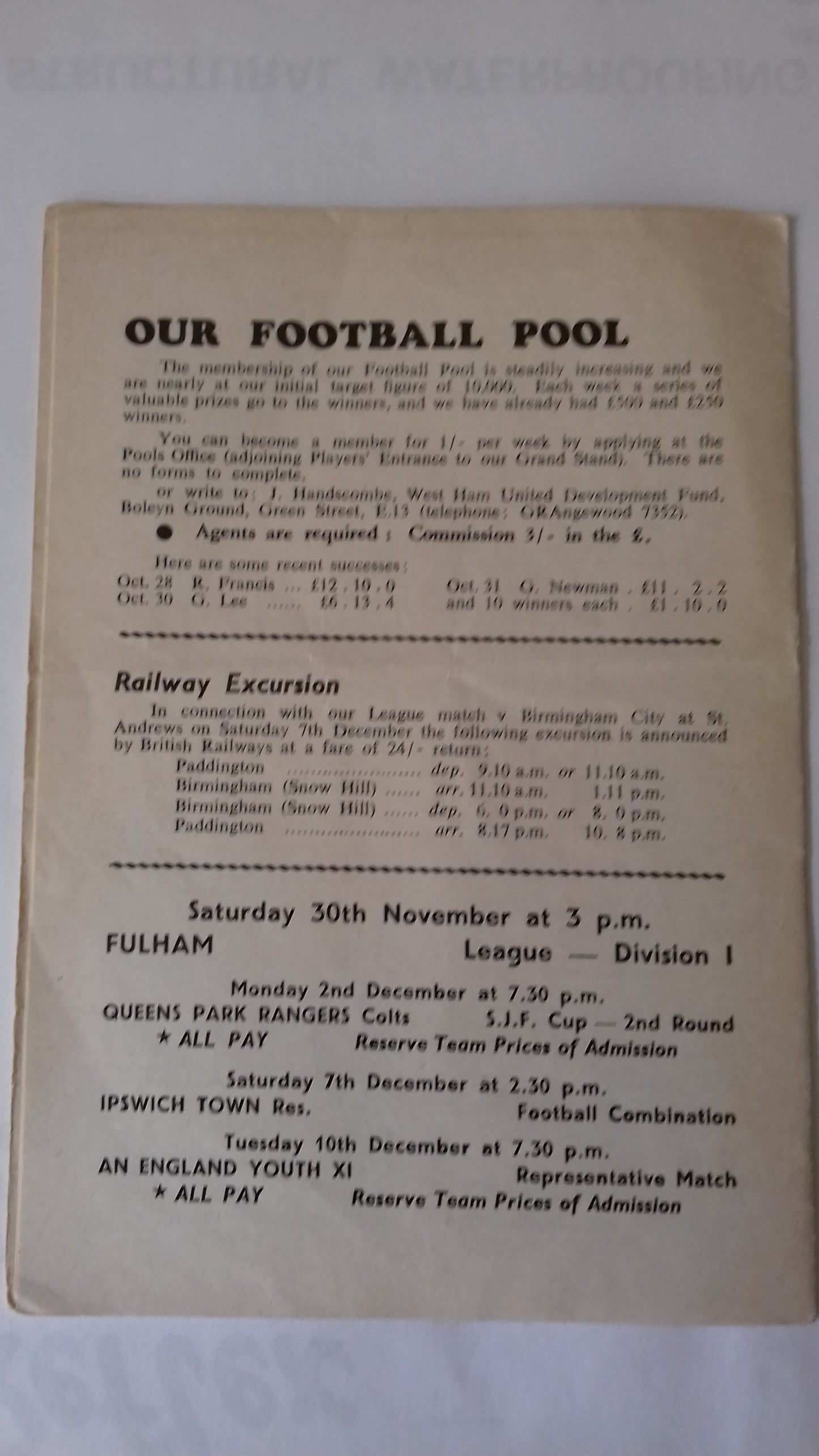 West Ham Utd v Swindon Town Programme Football League Cup 4th Round Replay Monday 25th November 1963 @ Upton Park.