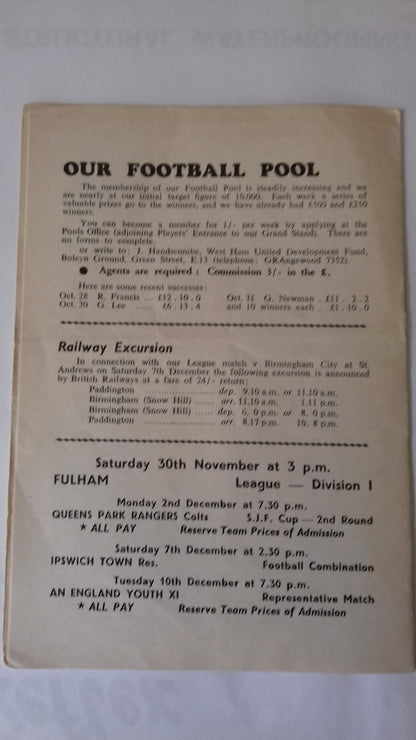 West Ham Utd v Swindon Town Programme Football League Cup 4th Round Replay Monday 25th November 1963 @ Upton Park.