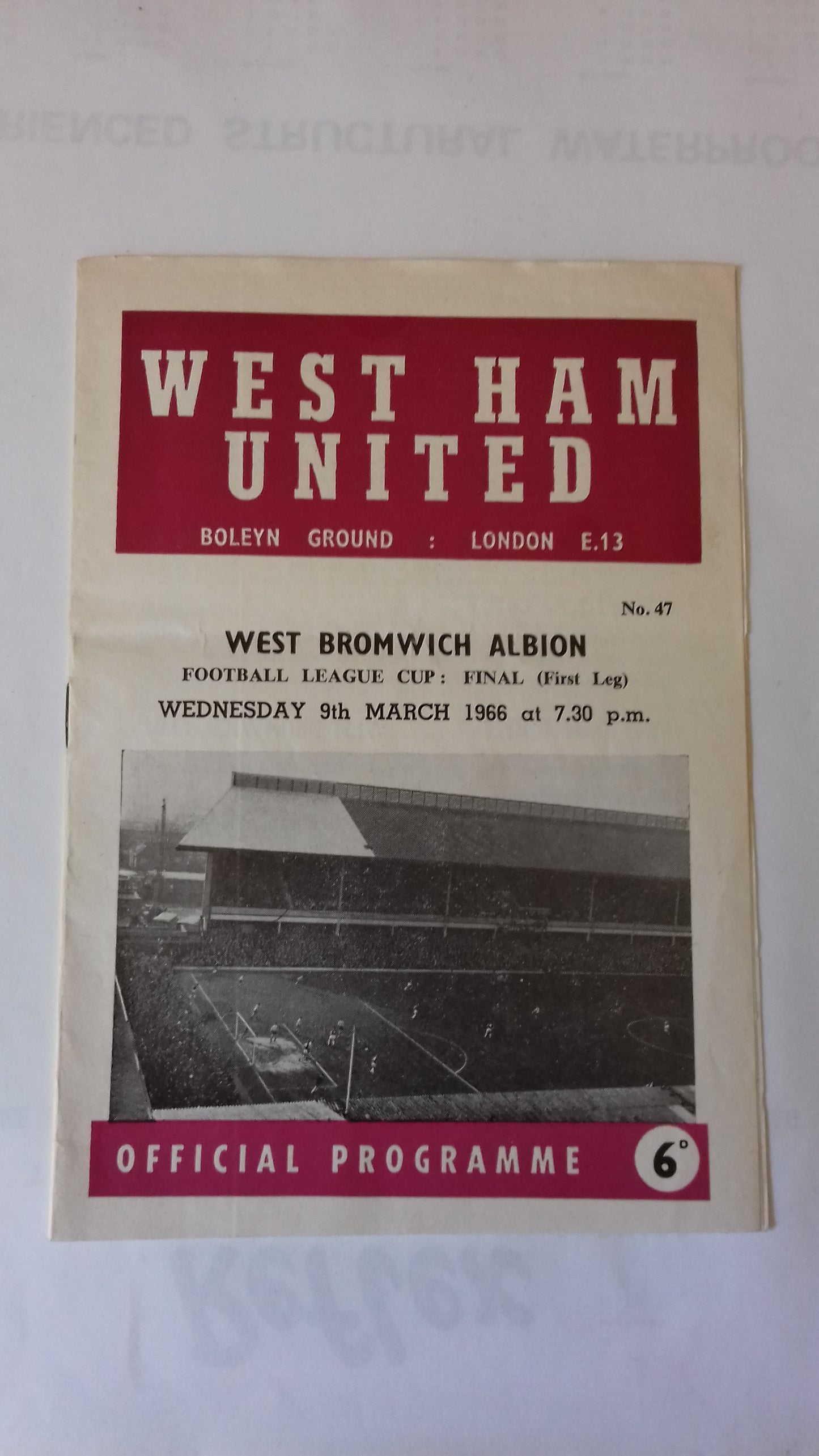 West Ham Utd v West Bromich Albion Programme League Cup Final 1st Leg Wednesday 9th March 1966 @ Upton Park