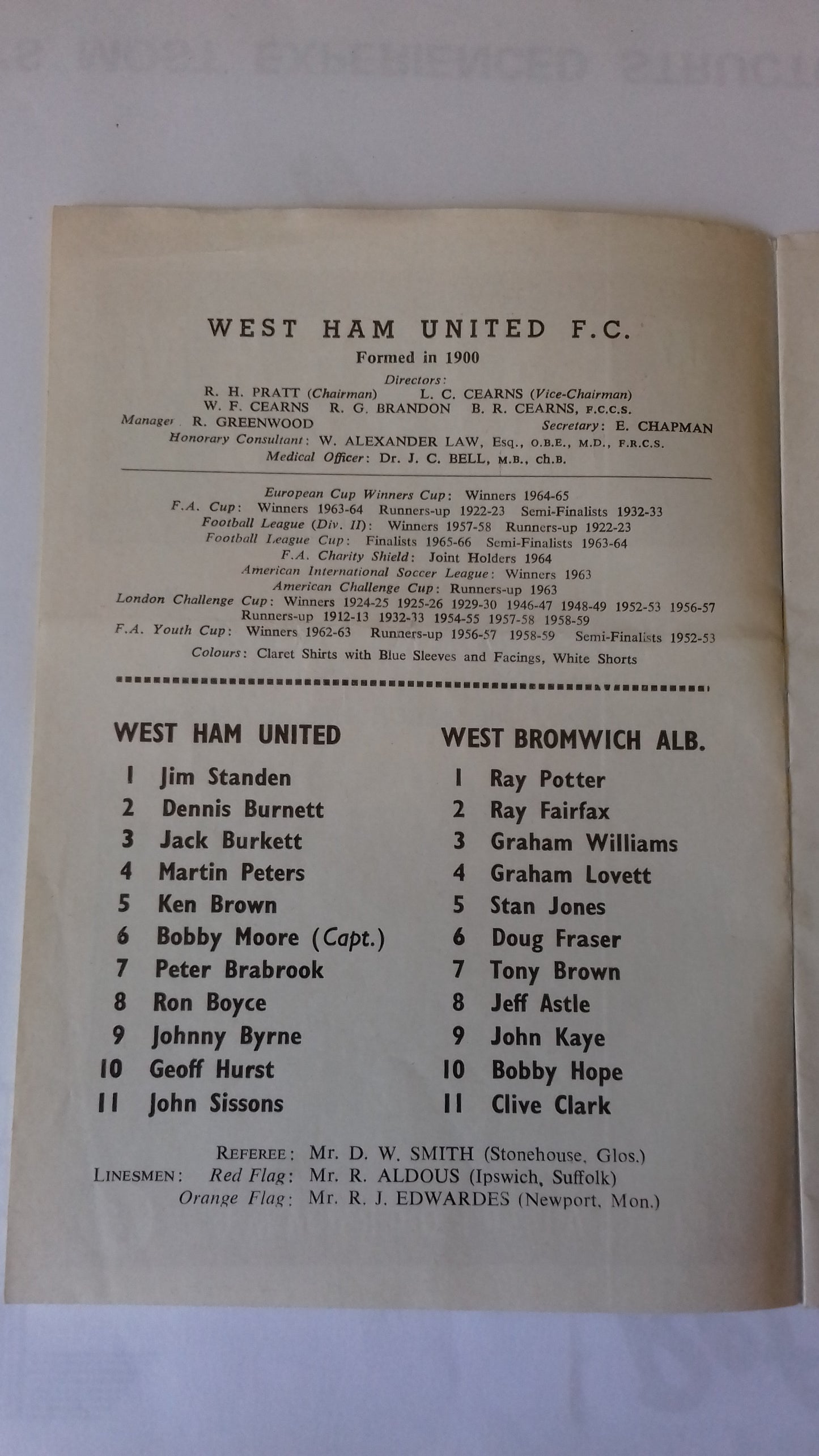 West Ham Utd v West Bromich Albion Programme League Cup Final 1st Leg Wednesday 9th March 1966 @ Upton Park