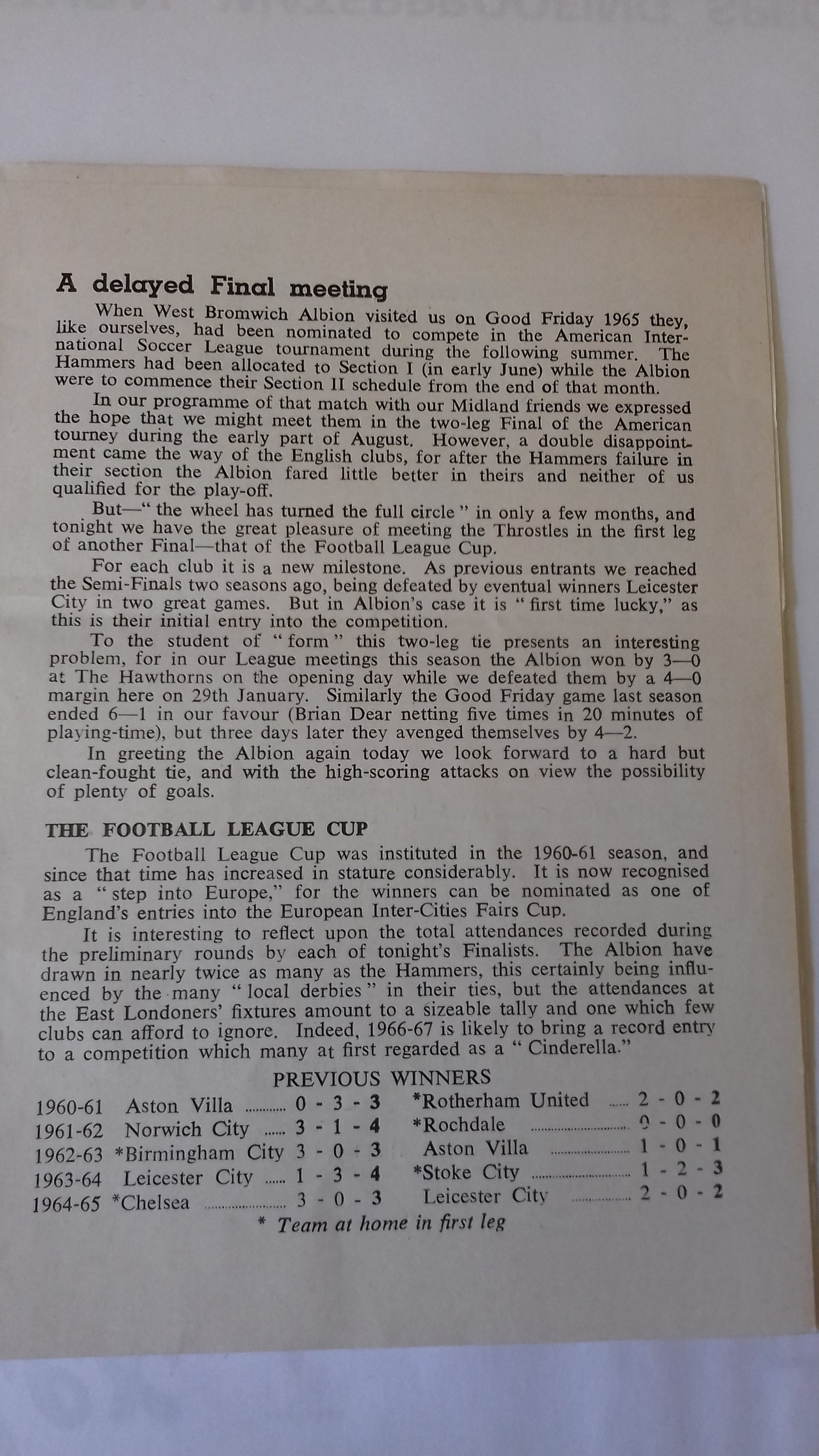 West Ham Utd v West Bromich Albion Programme League Cup Final 1st Leg Wednesday 9th March 1966 @ Upton Park