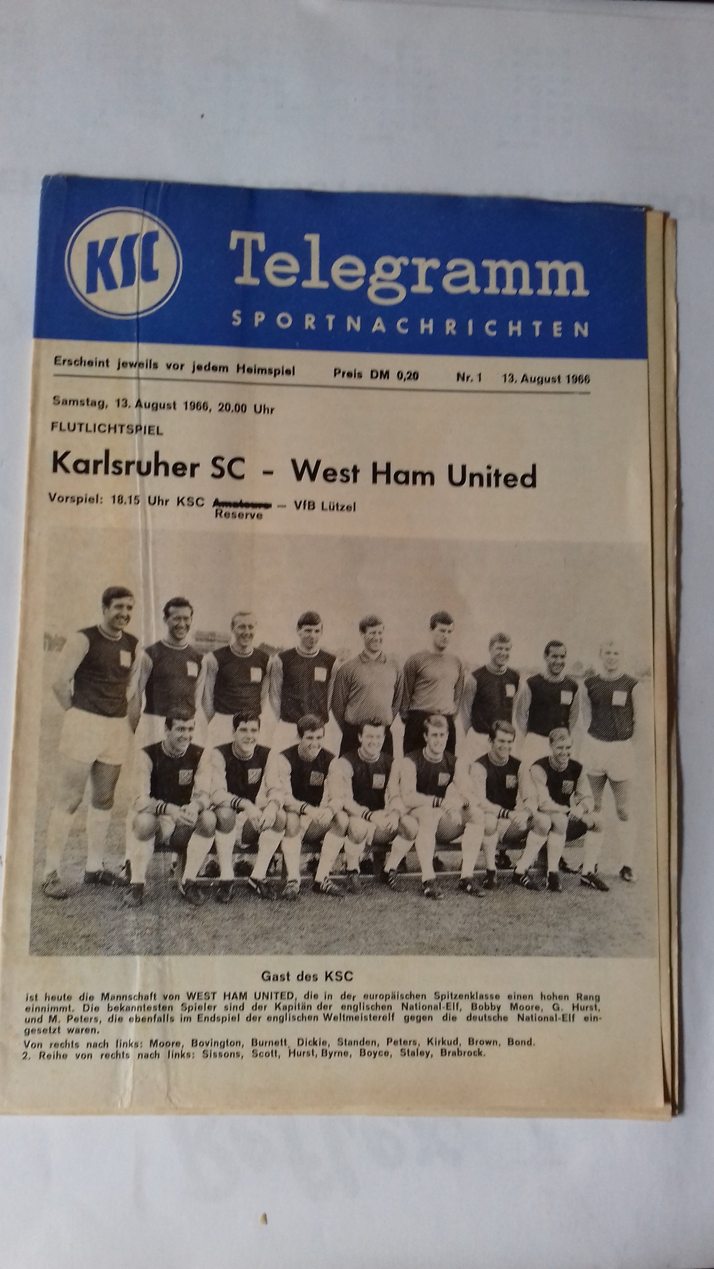 Karlsruher SC v West Ham Utd Programme Friendly Saturday 13th August 1966