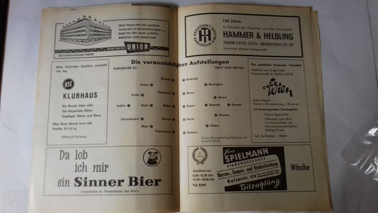 Karlsruher SC v West Ham Utd Programme Friendly Saturday 13th August 1966