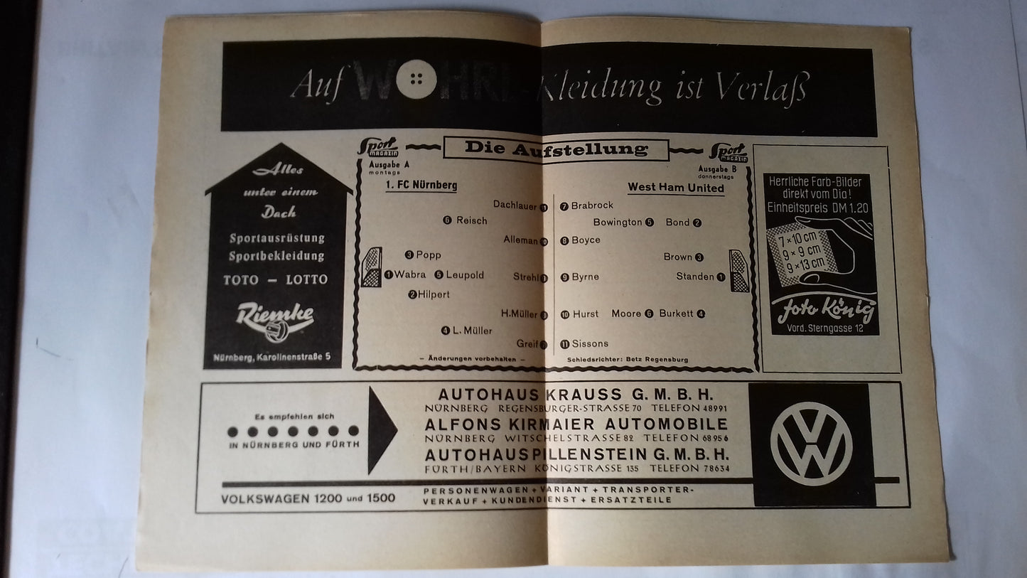 1.FC Nurnberg v West Ham Utd Programme Friendly 12th August 1964.