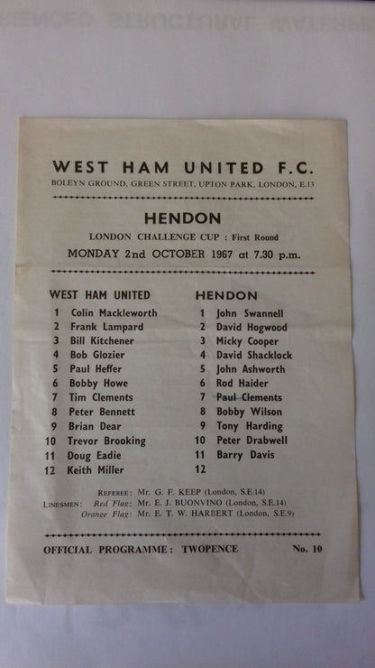 West Ham Utd v Hendon Programme London Challenge Cup 1st Round Monday 2nd October 1967