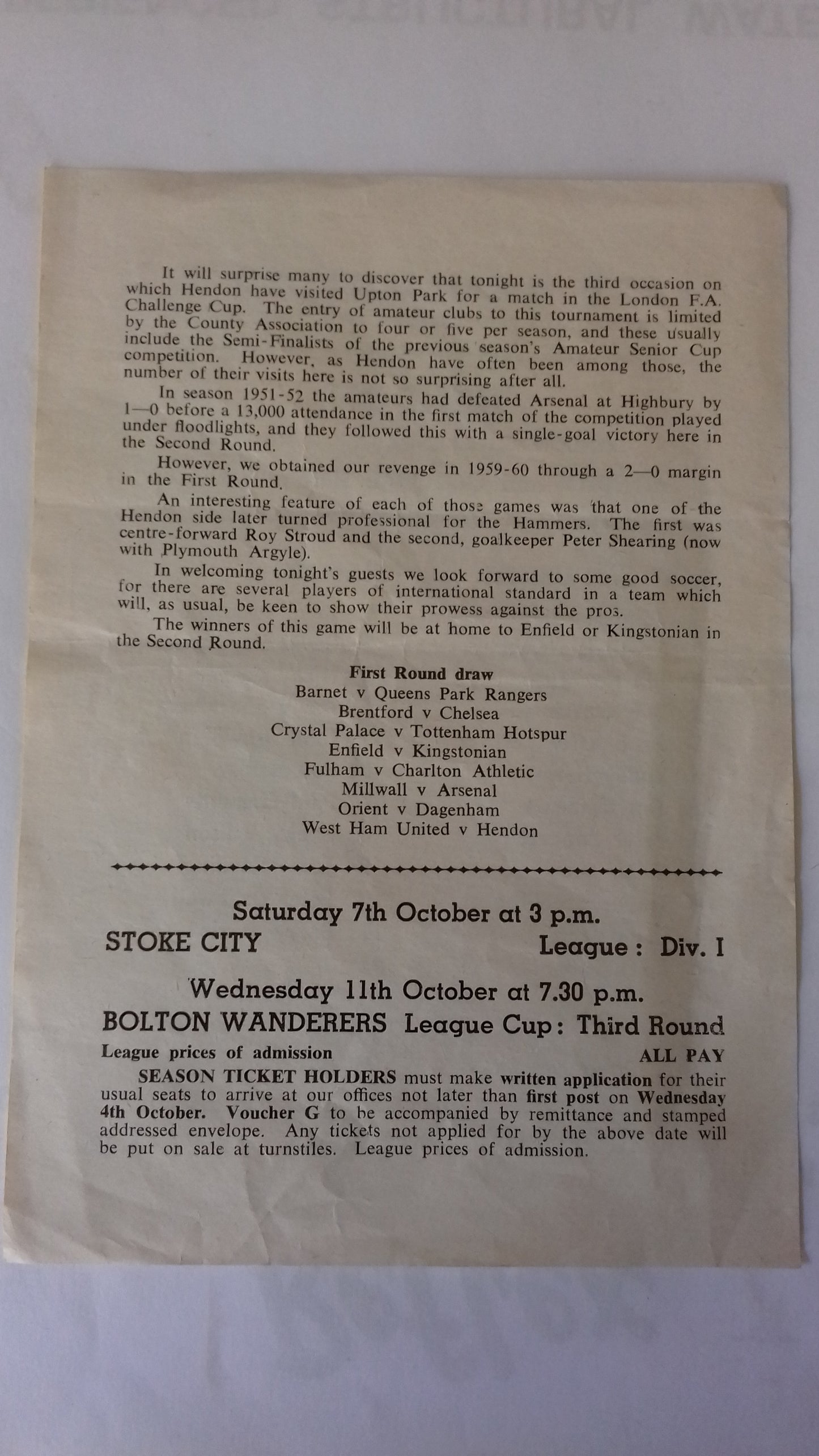 West Ham Utd v Hendon Programme London Challenge Cup 1st Round Monday 2nd October 1967