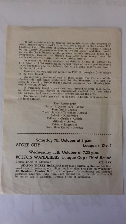 West Ham Utd v Hendon Programme London Challenge Cup 1st Round Monday 2nd October 1967