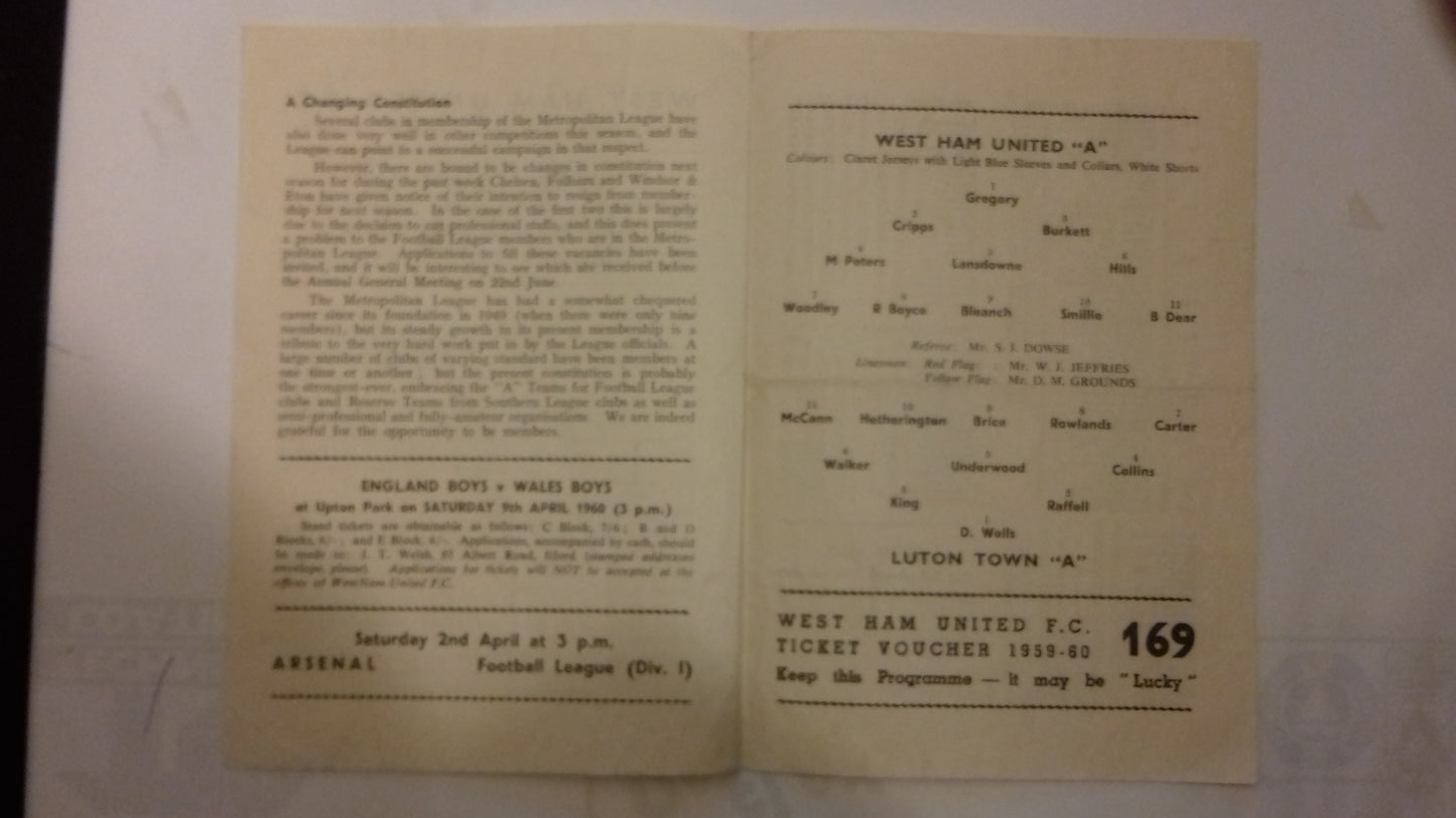 West Ham Utd A v Luton Town A Used Programme Metropolitan Cup Semi-Final Monday 28th March 1960