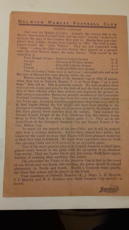 Barnet v Marine F.A. Programme Amateur Cup Semi-Final Saturday March 30th 1946.