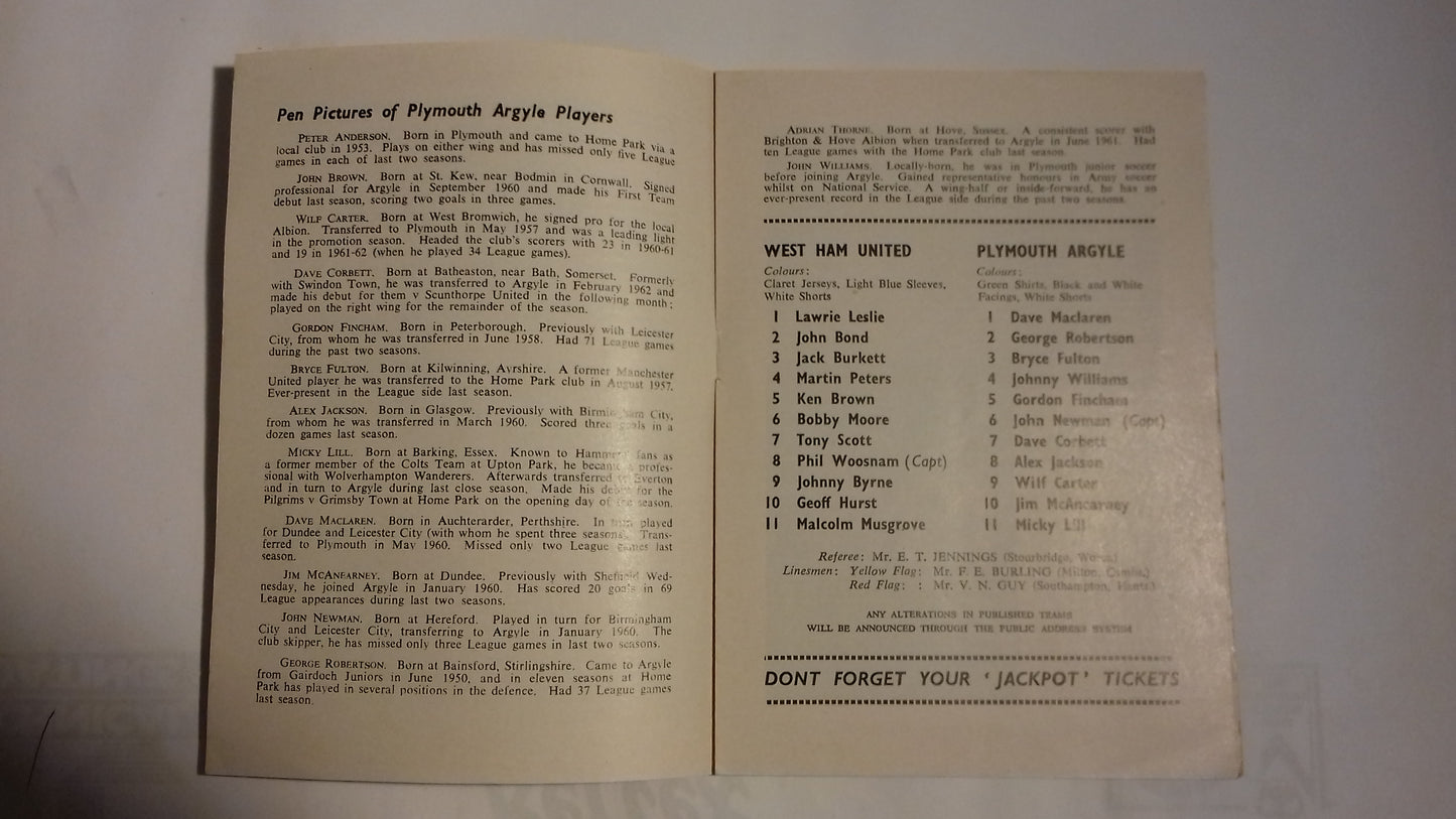 West Ham Utd v Plymouth Argyle Programme League Cup 2nd Round Wednesday 26th September 1962.