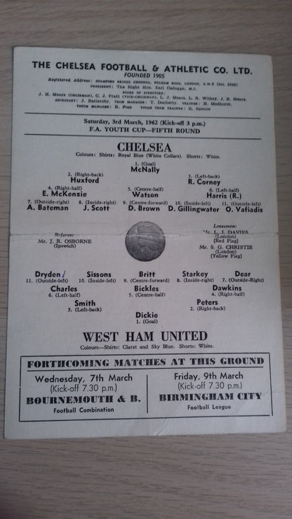 Chelsea v West Ham Utd  F.A. Youth Cup 5th Round Single Card  3rd March 1962