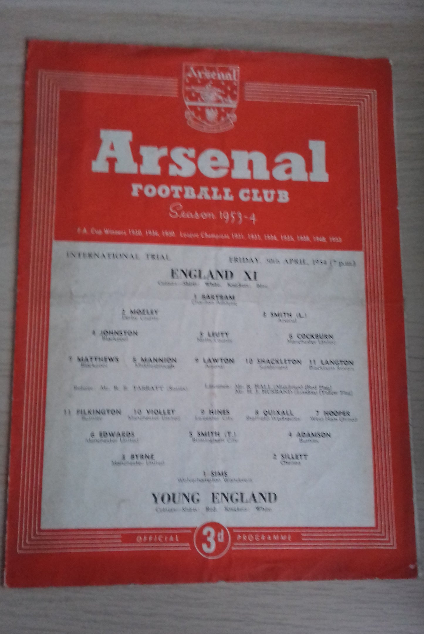 England XI v Young England Match Programme @Highbury 30th April 1954