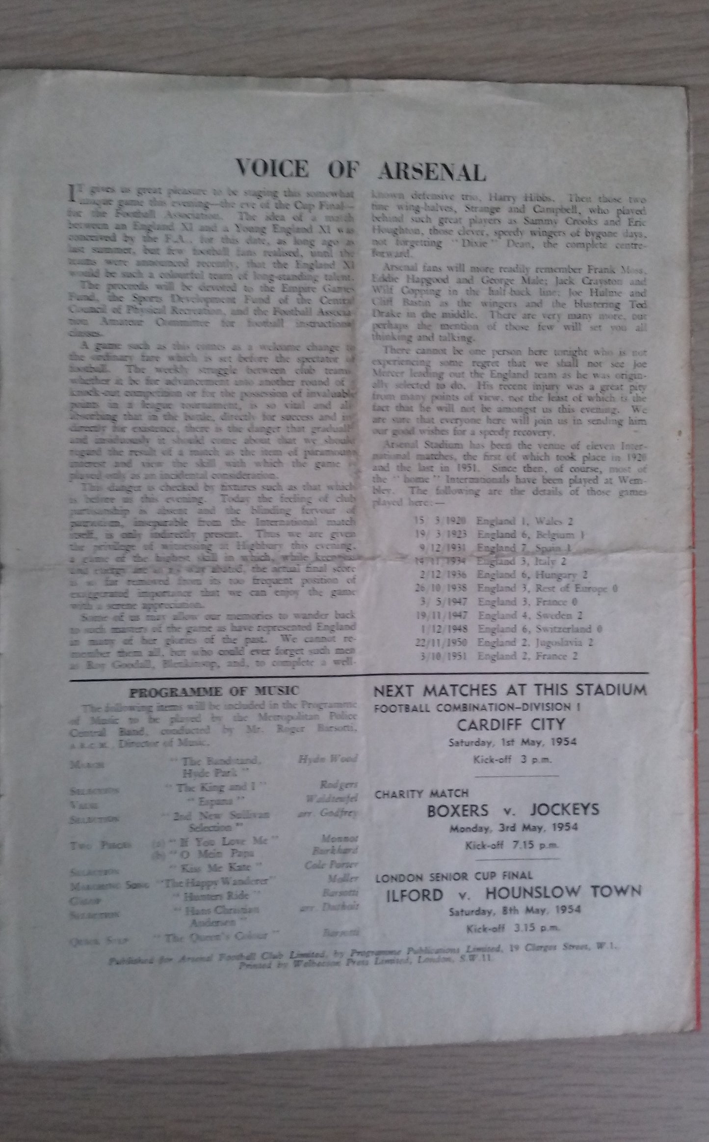 England XI v Young England Match Programme @Highbury 30th April 1954