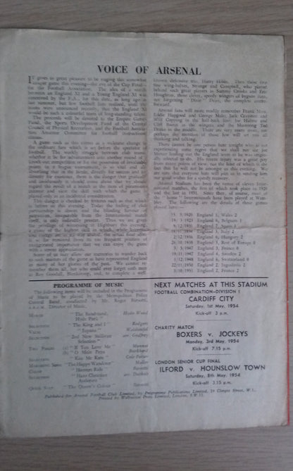 England XI v Young England Match Programme @Highbury 30th April 1954