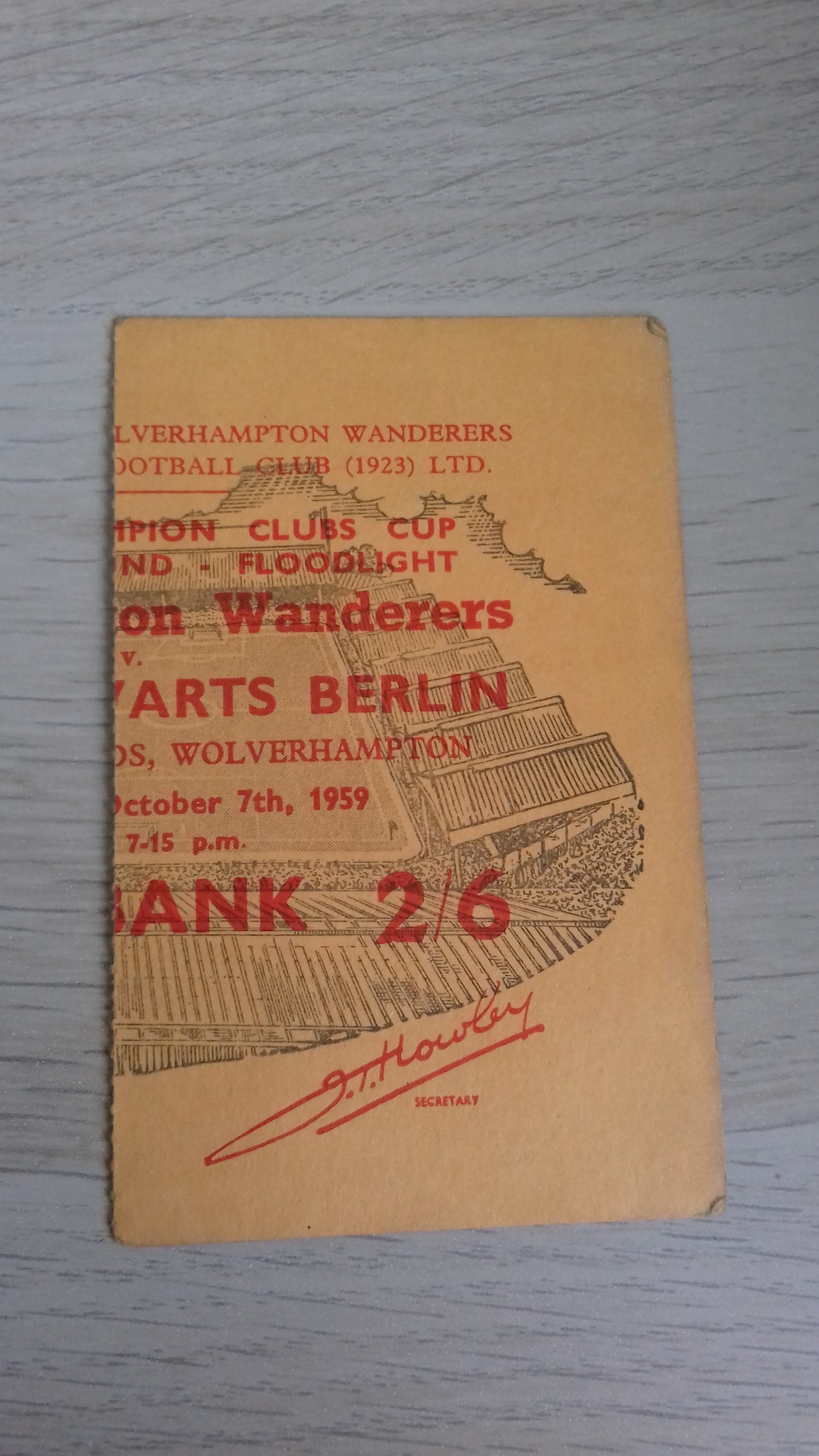 Wolves v Vorwarts Used Match Ticket European Cup Preliminary Round 2nd Leg 7/10/1959