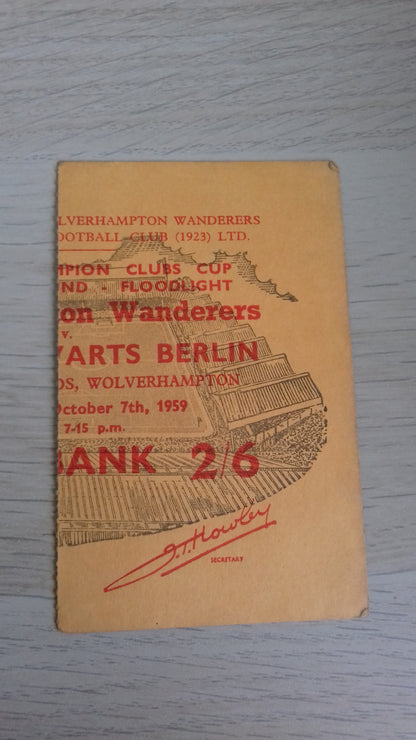 Wolves v Vorwarts Used Match Ticket European Cup Preliminary Round 2nd Leg 7/10/1959