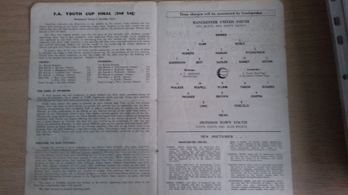 Manchester Utd v Swindon Town  F.A. Youth Cup 2nd Leg Programme 30th April 1964