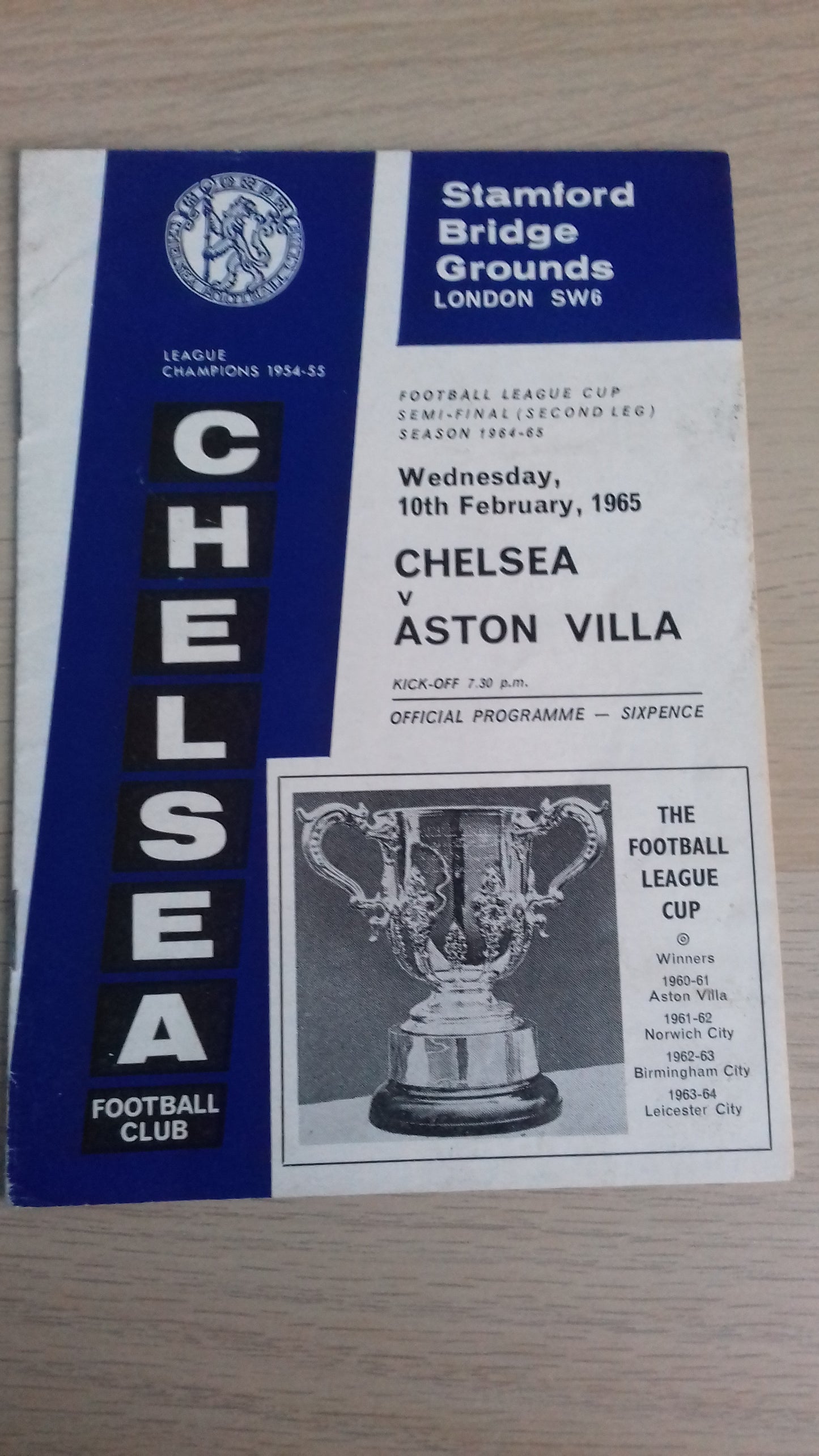 Chelsea v Aston Villa Programme League Cup Semi-Final 2nd Leg Wednesday 10th February 1965