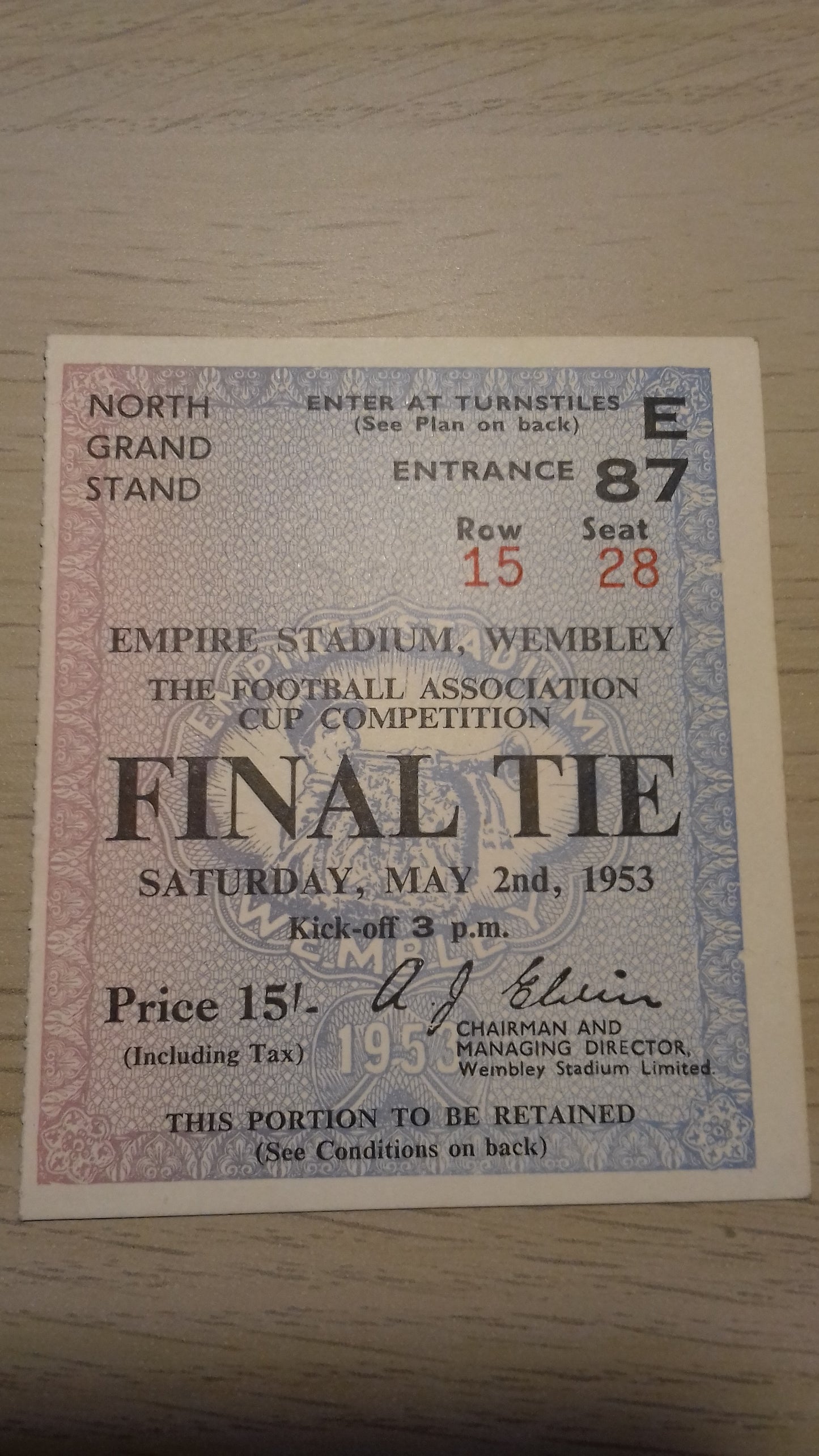 Used Vintage Ticket Blackpool v Bolton Wanderers F.A. Cup Final Saturday May 2nd 1953.