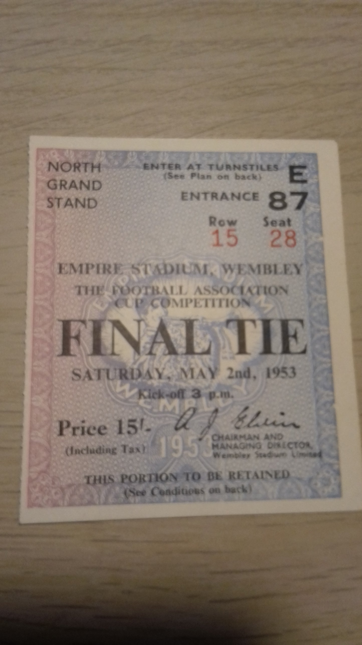 Blackpool v Bolton Wanderers F.A. Cup Final Football Match Ticket Saturday May 2nd 1953 Wembley