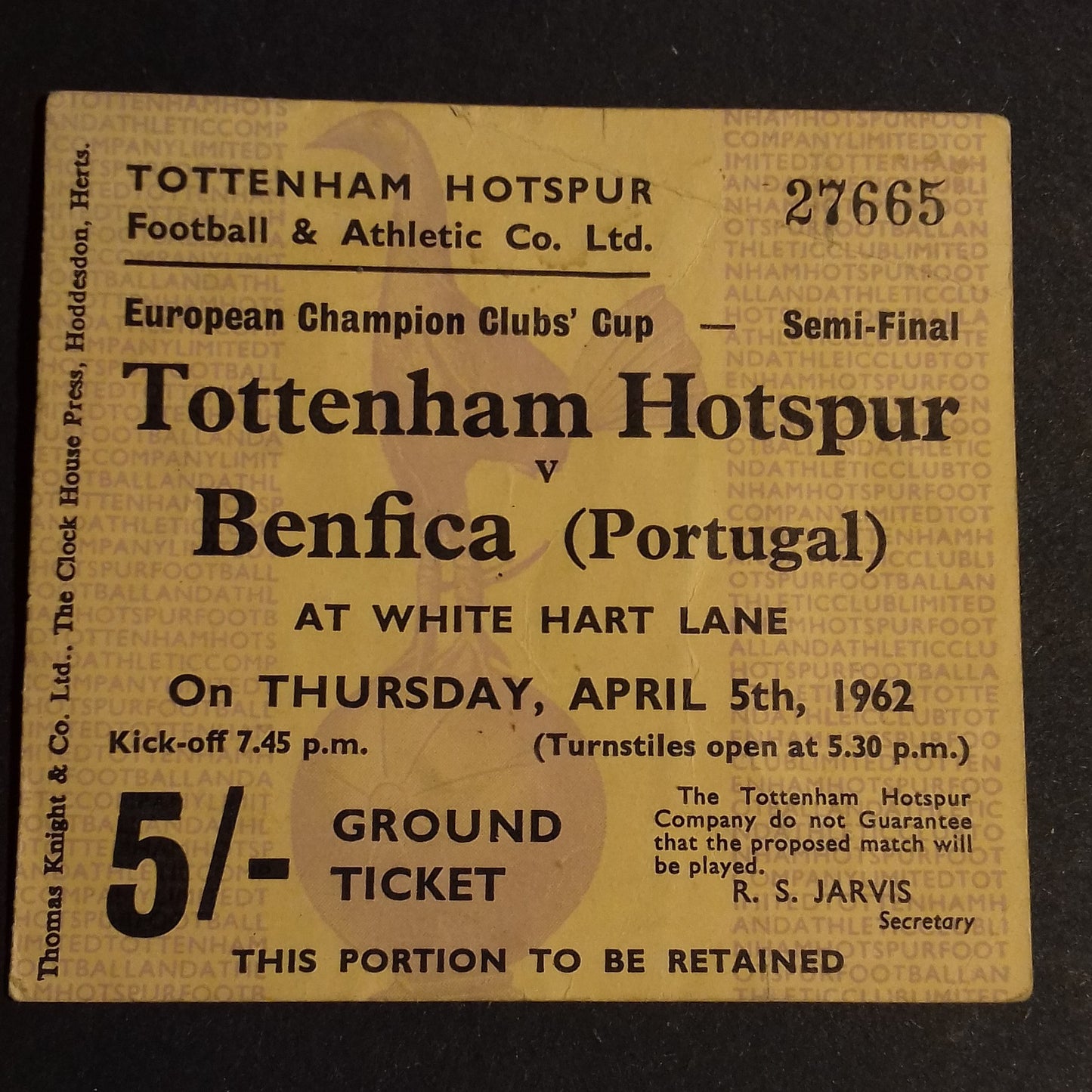 Tottenham Hotspur v Benfica Football Match Ticket European Cup S/Final 2nd Leg 5/4/1962