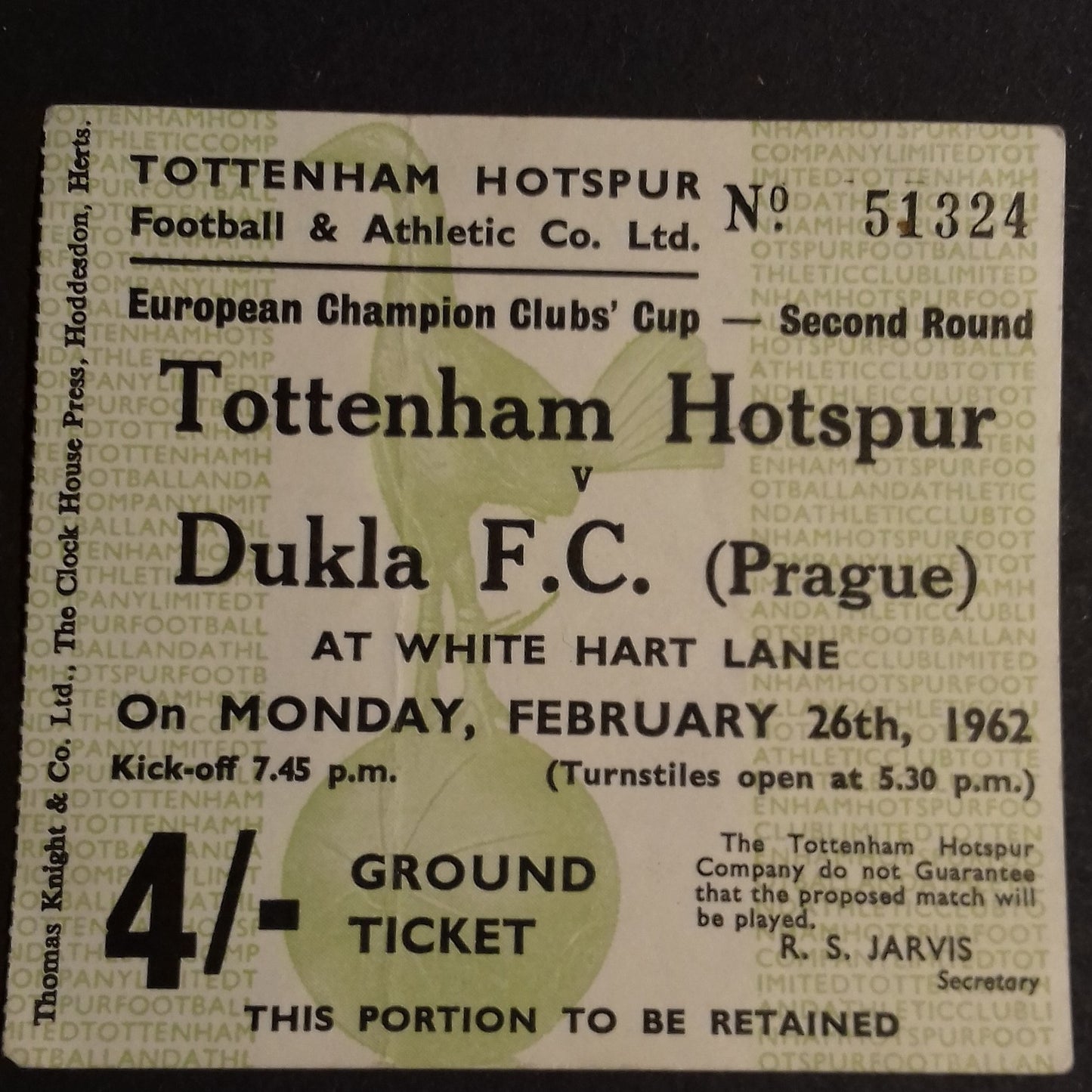 Tottenham Hotspur v Dukla F.C. Used Match Ticket  European Cup 2nd Round. 2nd Leg 26/2/1962